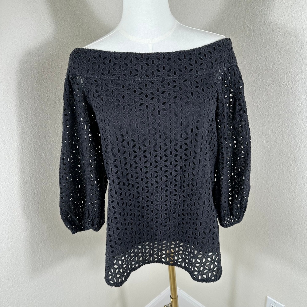 Tibi Off-the-Shoulder Top Women 2 Black Cotton Eyelet Boho Boat Neck